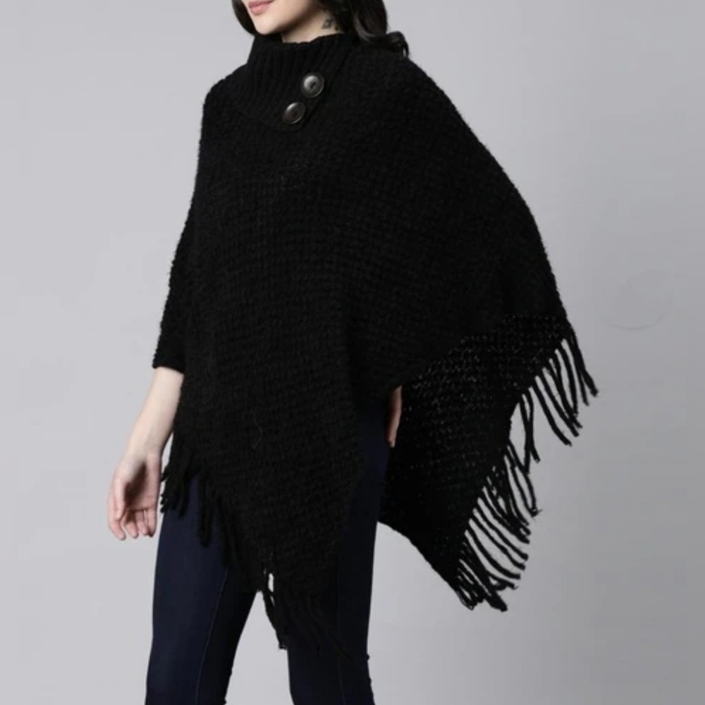 Cozy Knitted Pullover Poncho Sweater Button Detail Fringe Tassel BLACK One Size